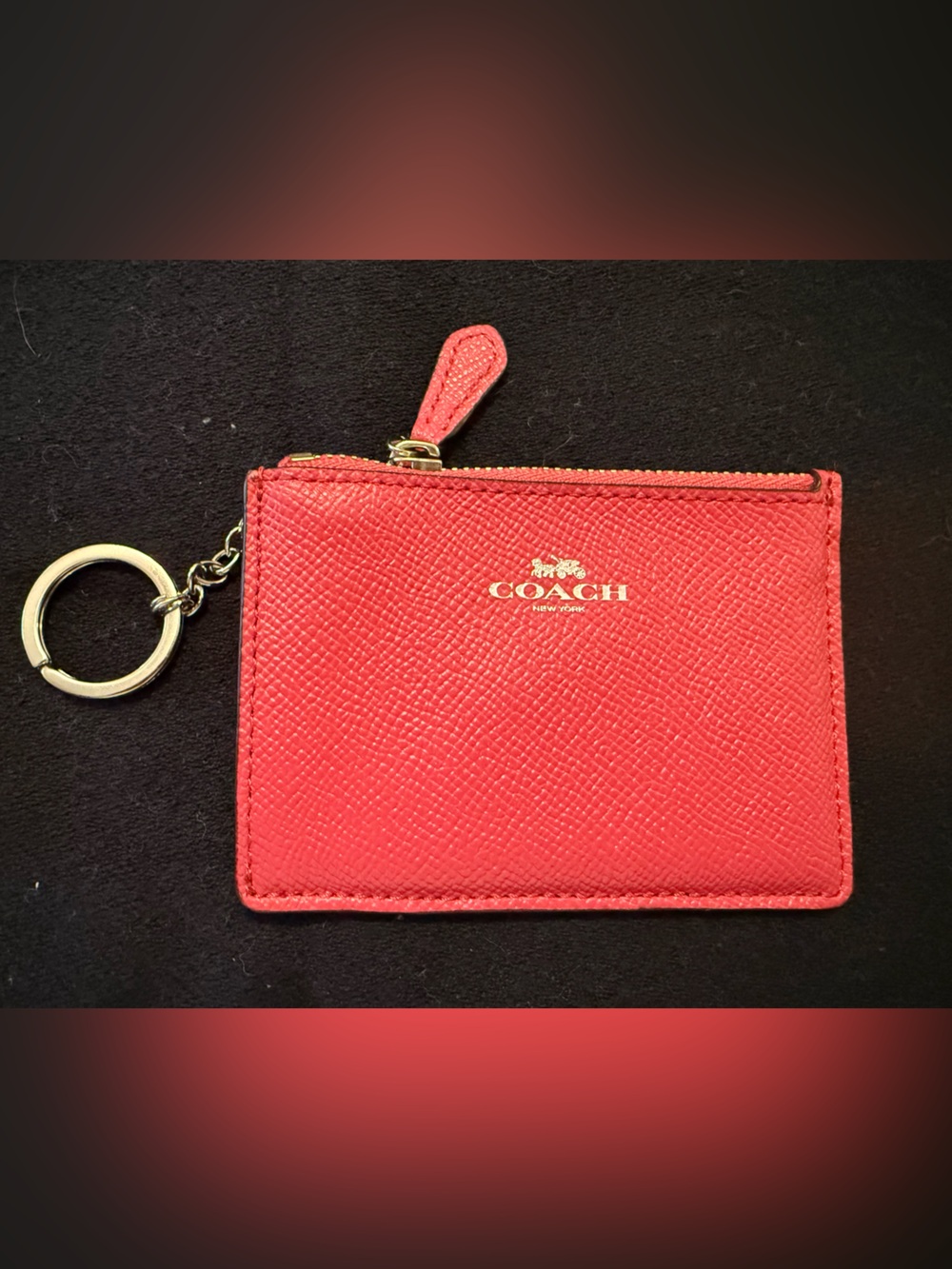 Coach Pink Saffiano Leather Zip Card Case with Keyring